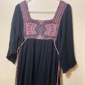 Flying Tomato Black Embroidered Side Tie Accent Flowy Cotton Dress Size Medium